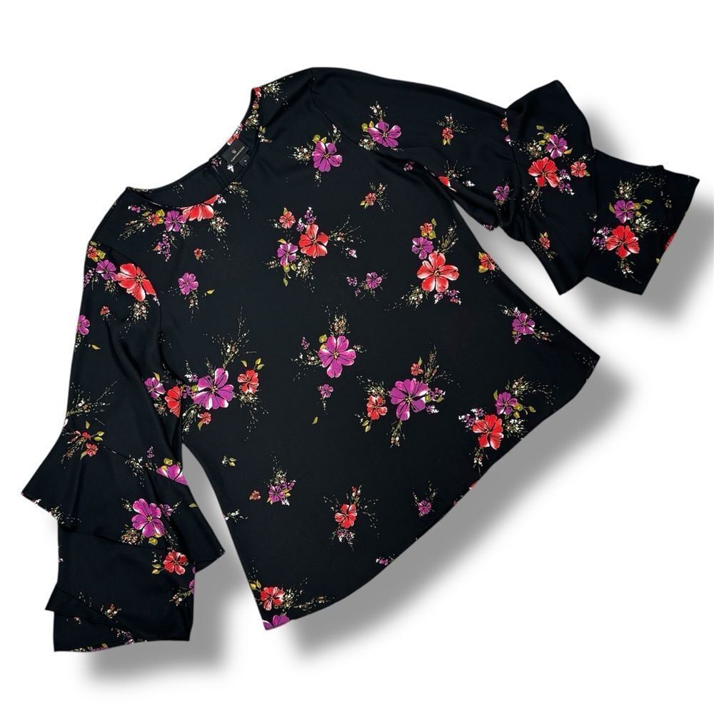 Worthington Boho Floral Blouse Tiered Ruffle‎ Bell Sleeve Black Pink Large - Picture 12 of 12